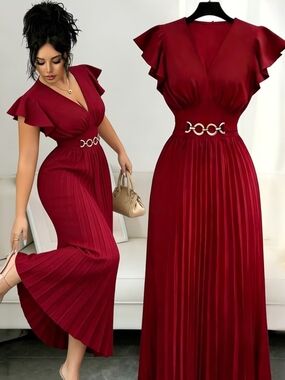 Women's Pleated Burgundy V-Neck Maxi Dress with Waist Accent